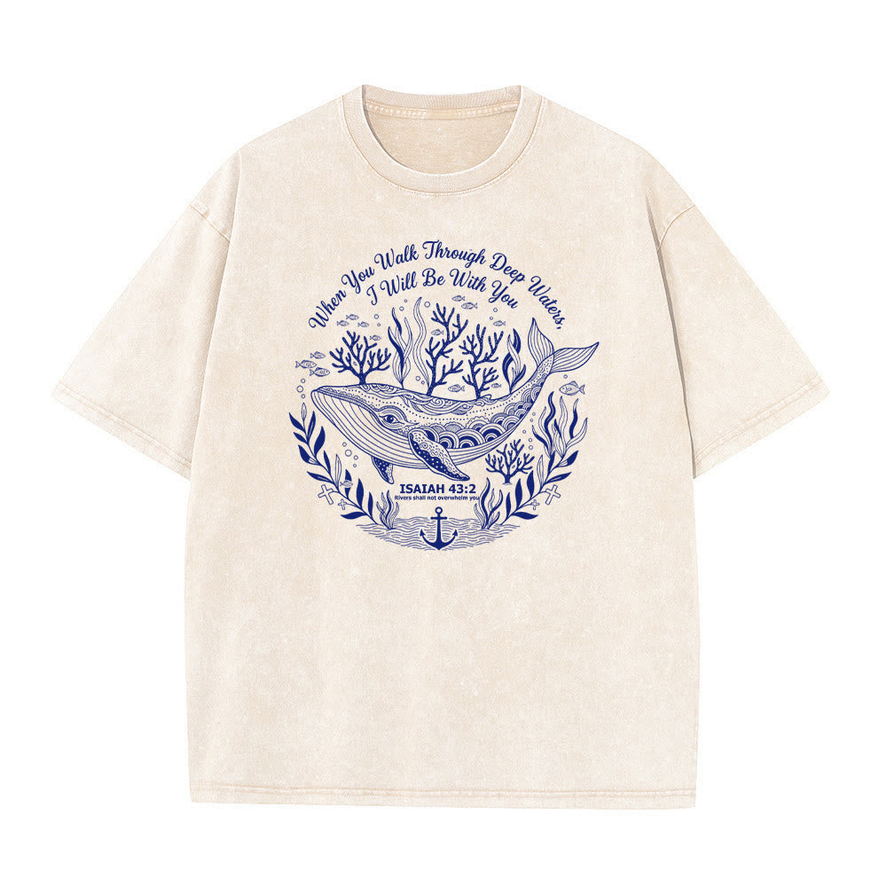 T-shirt unisexe délavé Christianartworkshop, motif baleine et océan, Isaïe 43:2 - Beige - 5XL - image 5