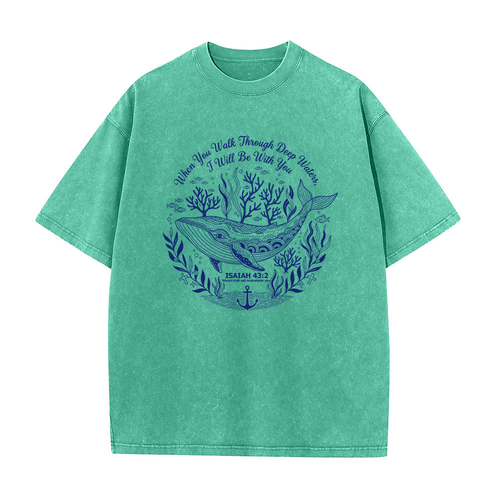 T-shirt unisexe délavé Christianartworkshop, motif baleine et océan, Isaïe 43:2 - Vert - 5XL - image 1