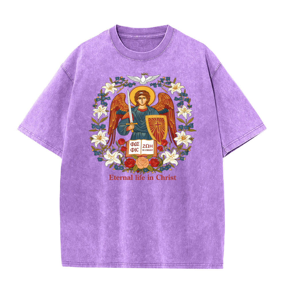 T-shirt unisexe délavé Christianartworkshop « Vie éternelle en Christ » avec motif d'ange - Violet - 5XL - image 4