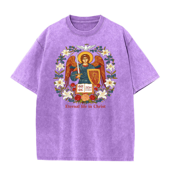 T-shirt unisexe délavé Christianartworkshop « Vie éternelle en Christ » avec motif d'ange - Violet - 5XL - image 4