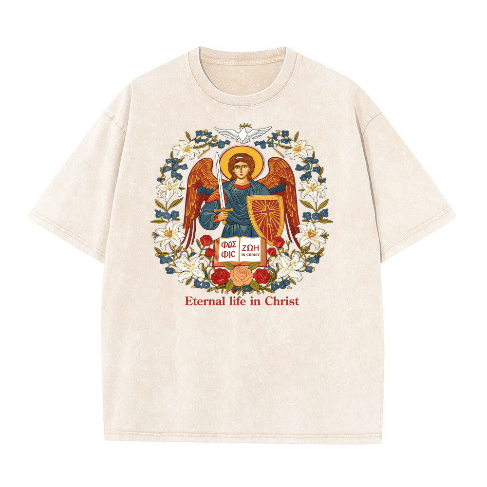T-shirt unisexe délavé Christianartworkshop « Vie éternelle en Christ » avec motif d'ange - Beige - 5XL - image 6
