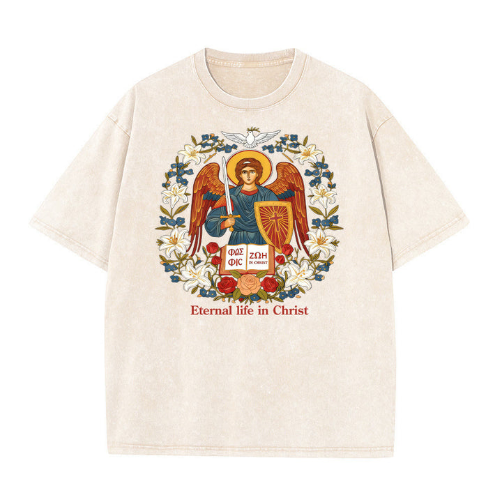 T-shirt unisexe délavé Christianartworkshop « Vie éternelle en Christ » avec motif d'ange - Beige - 5XL - image 6