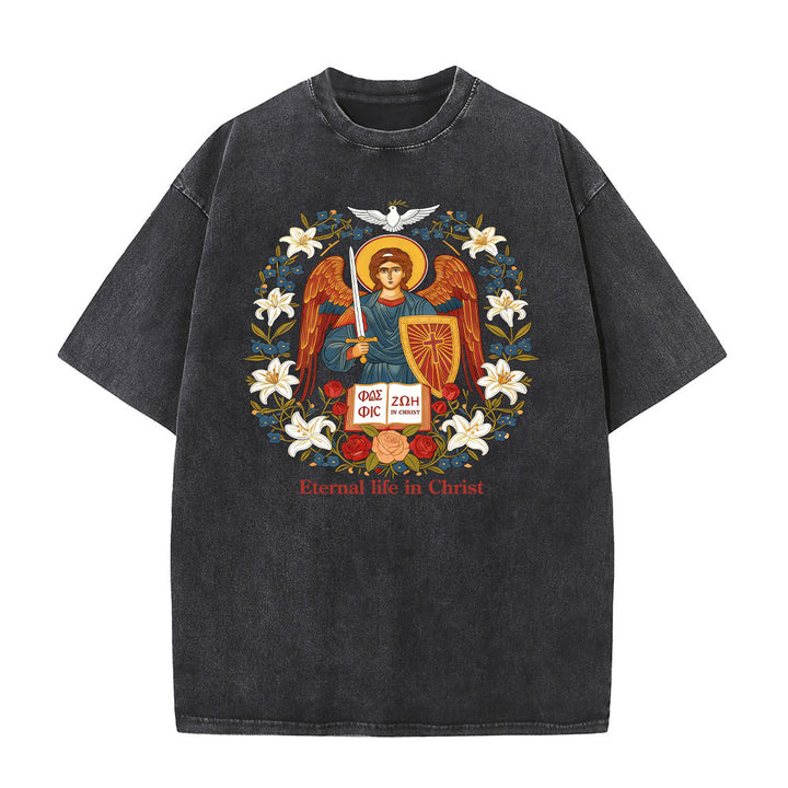 T-shirt unisexe délavé Christianartworkshop « Vie éternelle en Christ » avec motif d'ange - Noir - 5XL - image 5