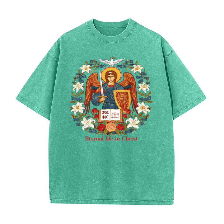 T-shirt unisexe délavé Christianartworkshop « Vie éternelle en Christ » avec motif d'ange - Vert - 5XL - image 2