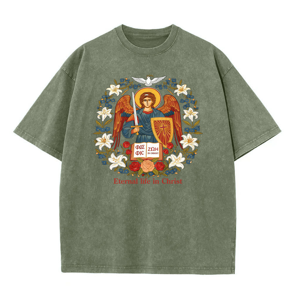 T-shirt unisexe délavé Christianartworkshop « Vie éternelle en Christ » avec motif d'ange - Vert armée - 5XL - image 3