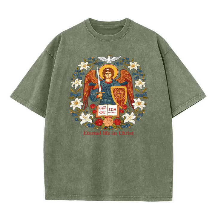 T-shirt unisexe délavé Christianartworkshop « Vie éternelle en Christ » avec motif d'ange - Vert armée - 5XL - image 3