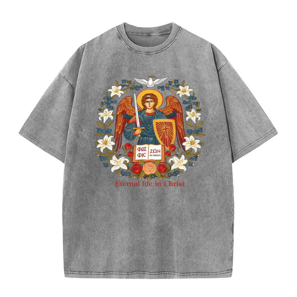 T-shirt unisexe délavé Christianartworkshop « Vie éternelle en Christ » avec motif d'ange - Gris - 5XL - image 7