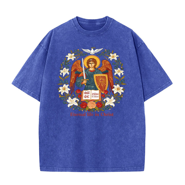 T-shirt unisexe délavé Christianartworkshop « Vie éternelle en Christ » avec motif d'ange - Bleu - 5XL - image 0