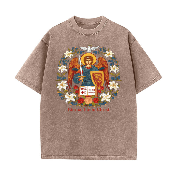 T-shirt unisexe délavé Christianartworkshop « Vie éternelle en Christ » avec motif d'ange - Brun - 5XL - image 8