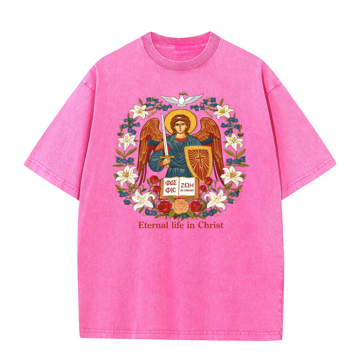 T-shirt unisexe délavé Christianartworkshop « Vie éternelle en Christ » avec motif d'ange - Rose - 5XL - image 1
