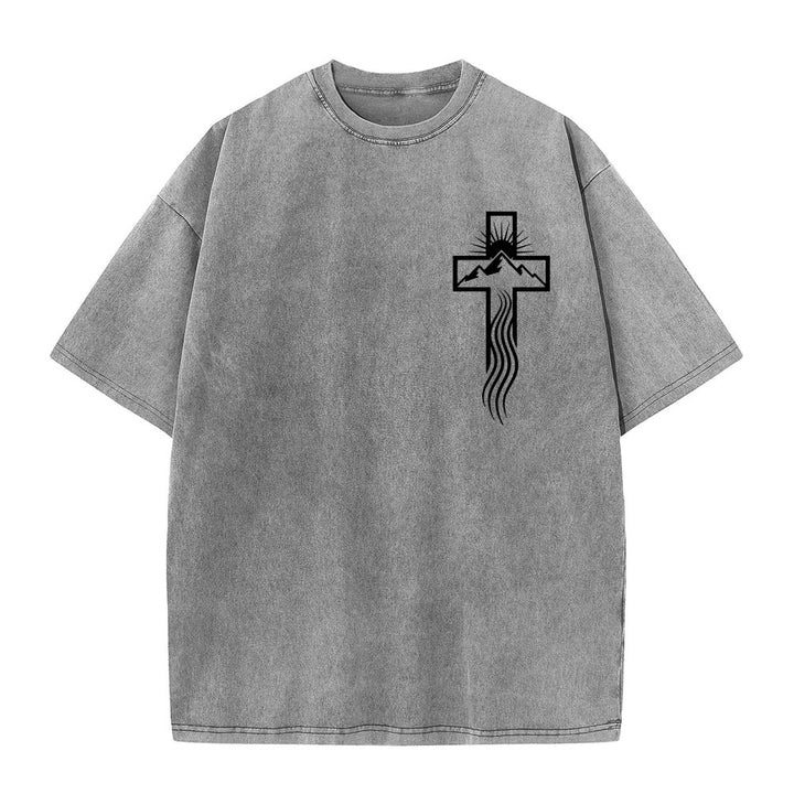 T-shirt unisexe délavé Christianartworkshop avec motif croix et symbole de la nature - Gris - 5XL - image 0