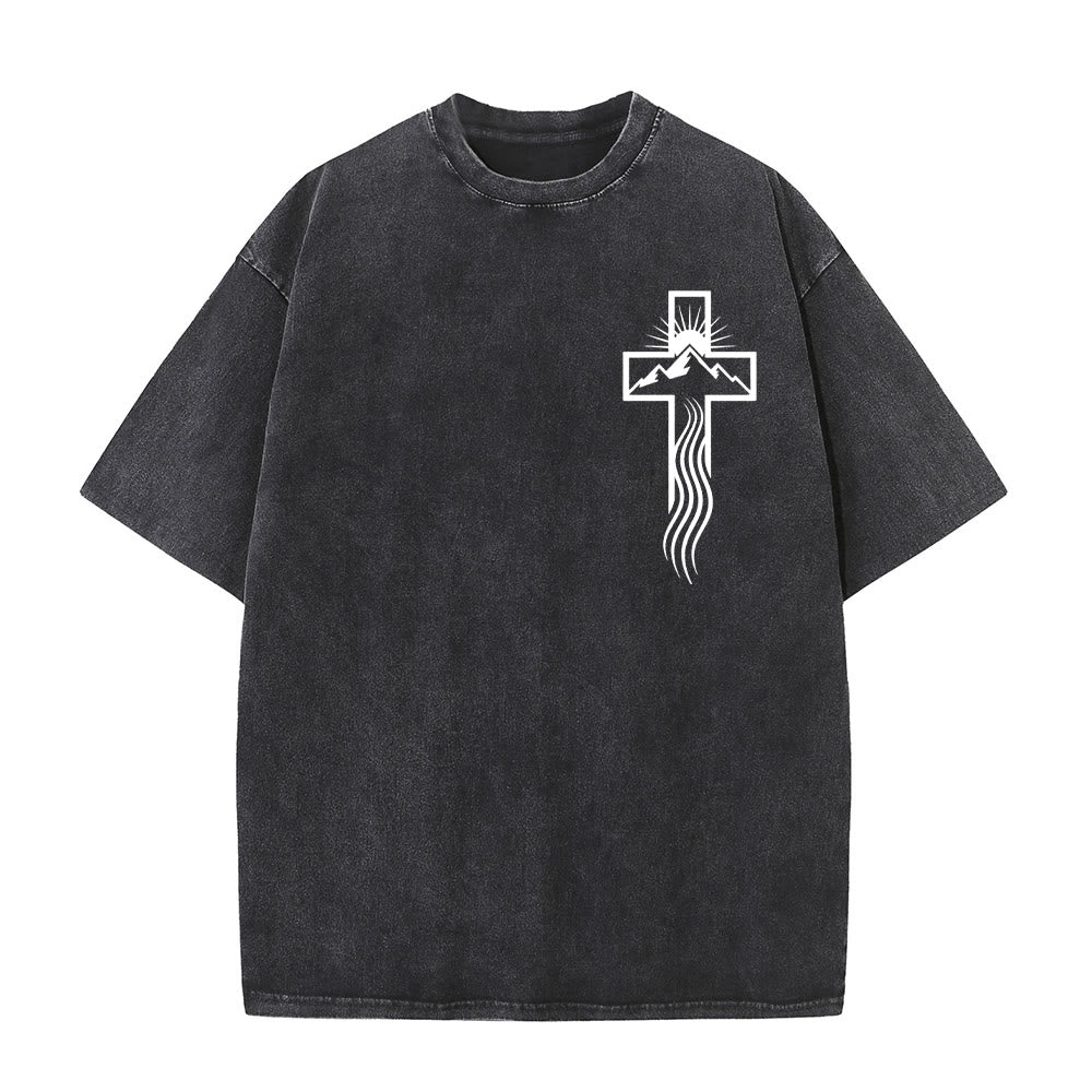 T-shirt unisexe délavé Christianartworkshop avec motif croix et symbole de la nature - Noir - 5XL - image 7