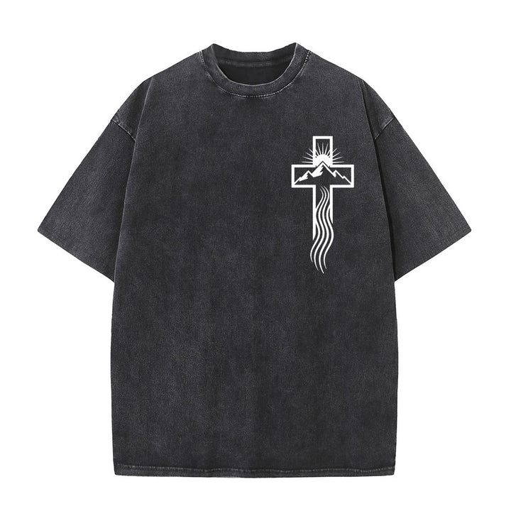 T-shirt unisexe délavé Christianartworkshop avec motif croix et symbole de la nature - Noir - 5XL - image 7