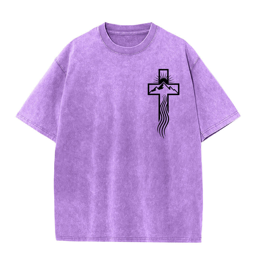 T-shirt unisexe délavé Christianartworkshop avec motif croix et symbole de la nature - Violet - 5XL - image 6
