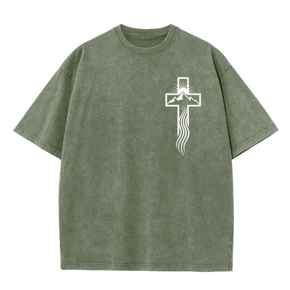 T-shirt unisexe délavé Christianartworkshop avec motif croix et symbole de la nature - Vert armée - 5XL - image 5