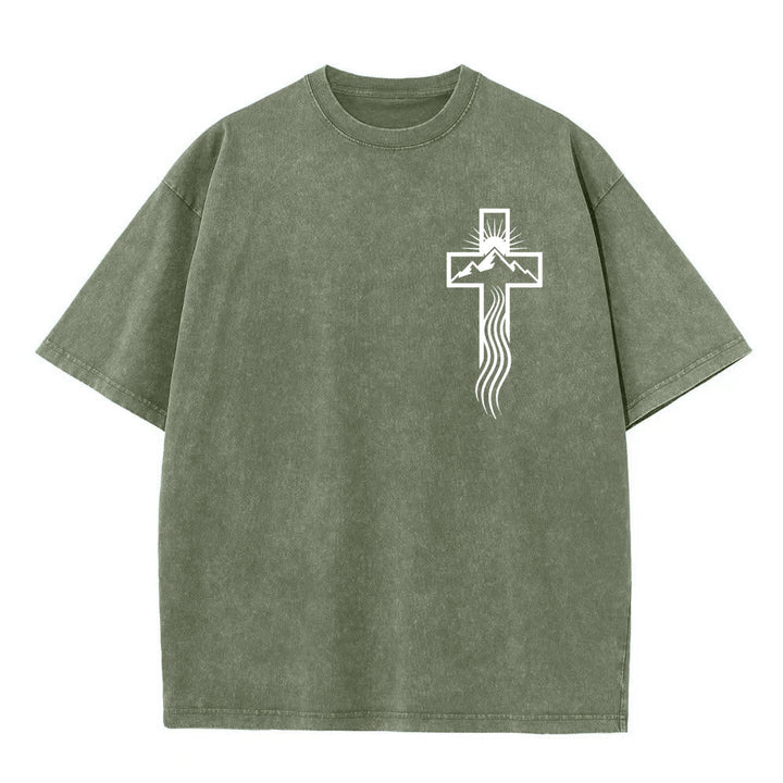 T-shirt unisexe délavé Christianartworkshop avec motif croix et symbole de la nature - Vert armée - 5XL - image 5
