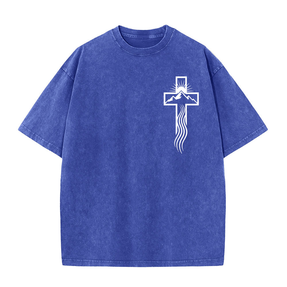 T-shirt unisexe délavé Christianartworkshop avec motif croix et symbole de la nature - Bleu - 5XL - image 2