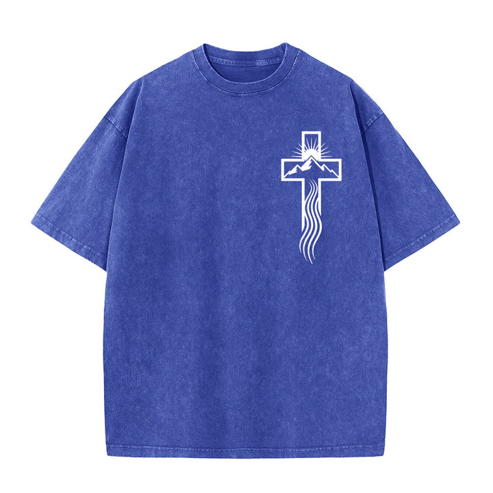 T-shirt unisexe délavé Christianartworkshop avec motif croix et symbole de la nature - Bleu - 5XL - image 2