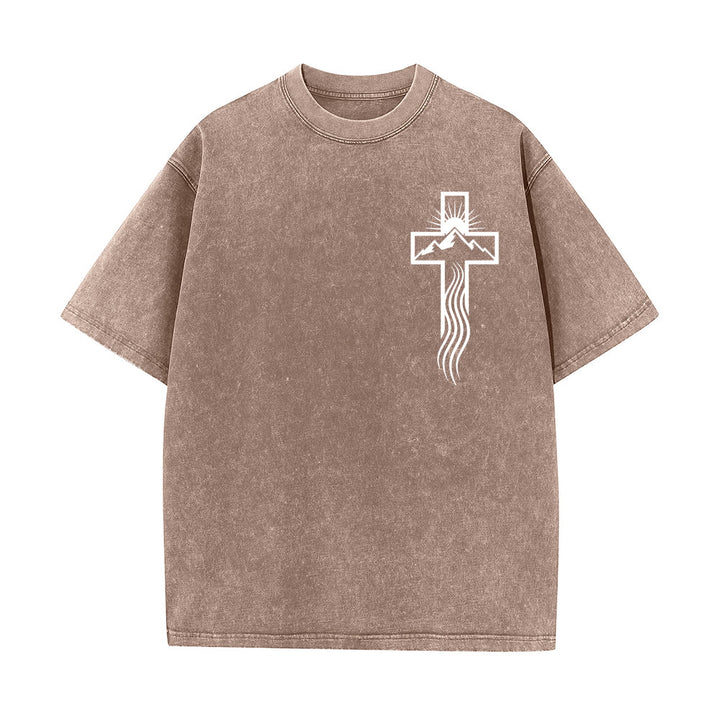 T-shirt unisexe délavé Christianartworkshop avec motif croix et symbole de la nature - Brun - 5XL - image 1