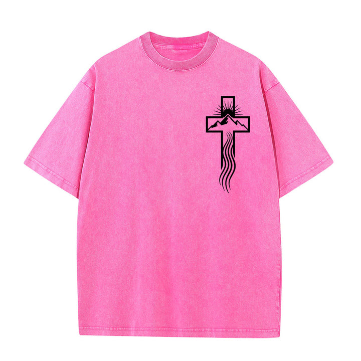 T-shirt unisexe délavé Christianartworkshop avec motif croix et symbole de la nature - Rose - 5XL - image 3