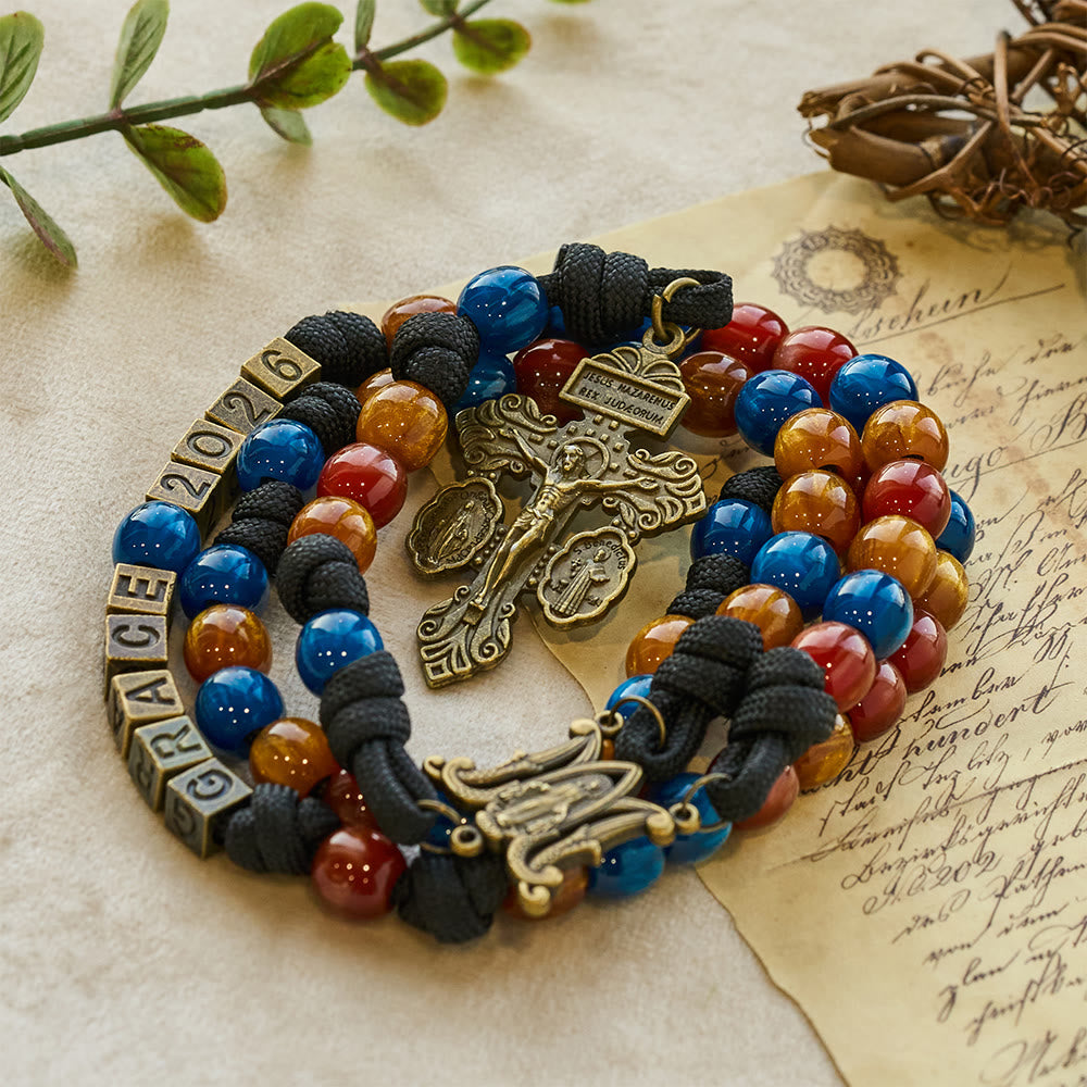 Christianartworkshop Chapelet coloré de la foi pour le Nouvel An 2026 : Crucifix personnalisé avec nom et protecteur - Chapelet du Nouvel An 2026 - image 0