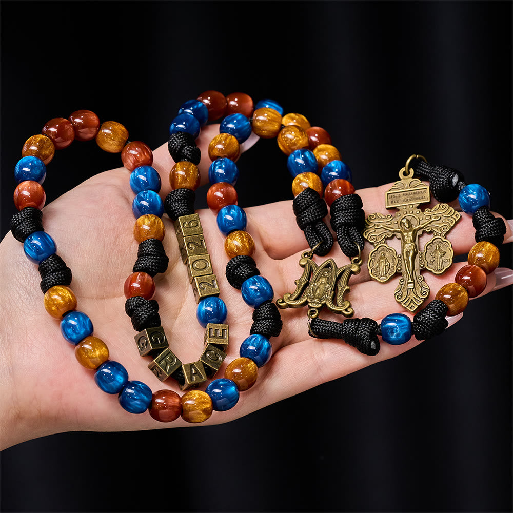 Christianartworkshop Chapelet coloré de la foi pour le Nouvel An 2026 : Crucifix personnalisé avec nom et protecteur - image 1
