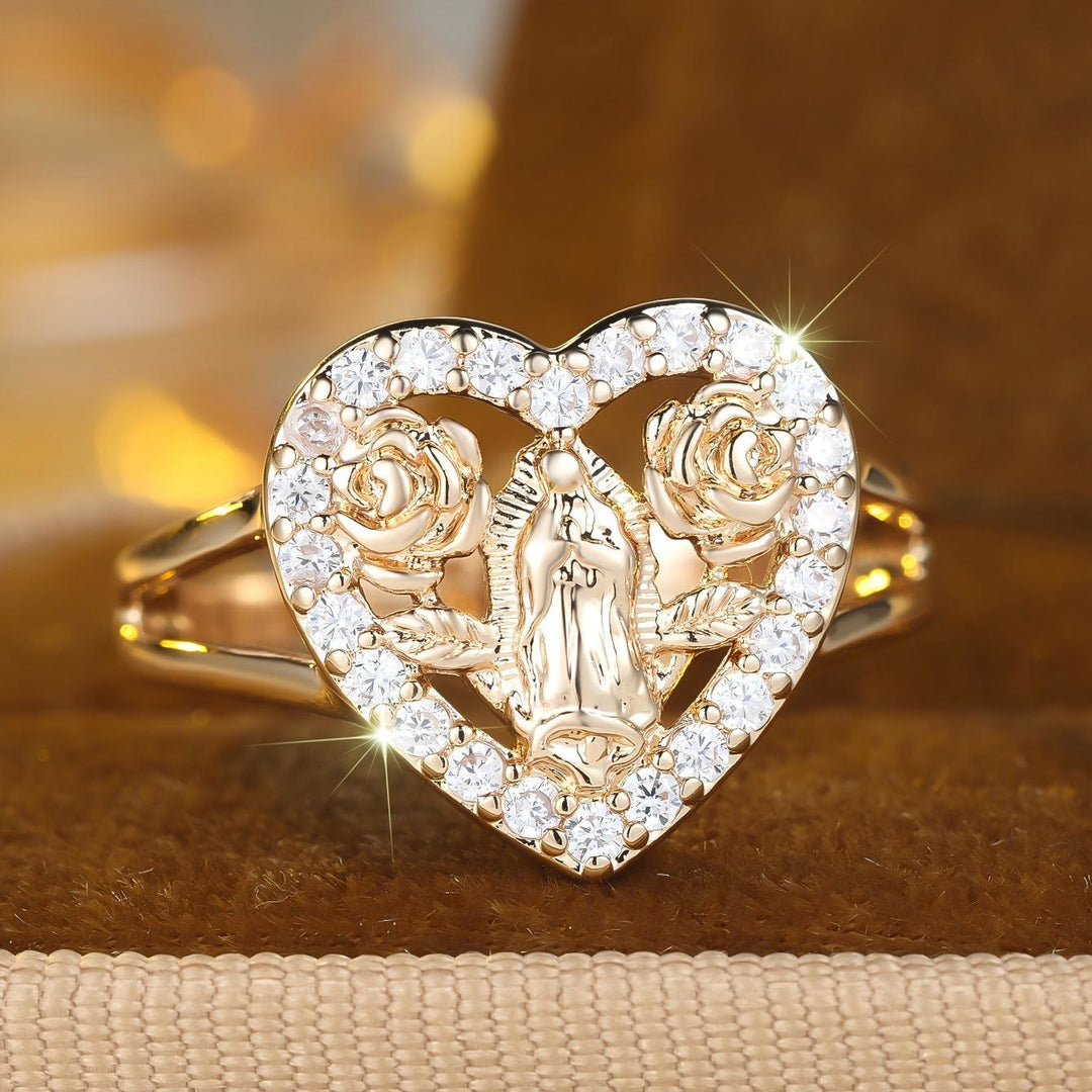 Bague en forme de cœur ornée d'un motif de Notre-Dame et de roses, signée Christianartworkshop : Portez sa protection au quotidien. - 10 US - image 0