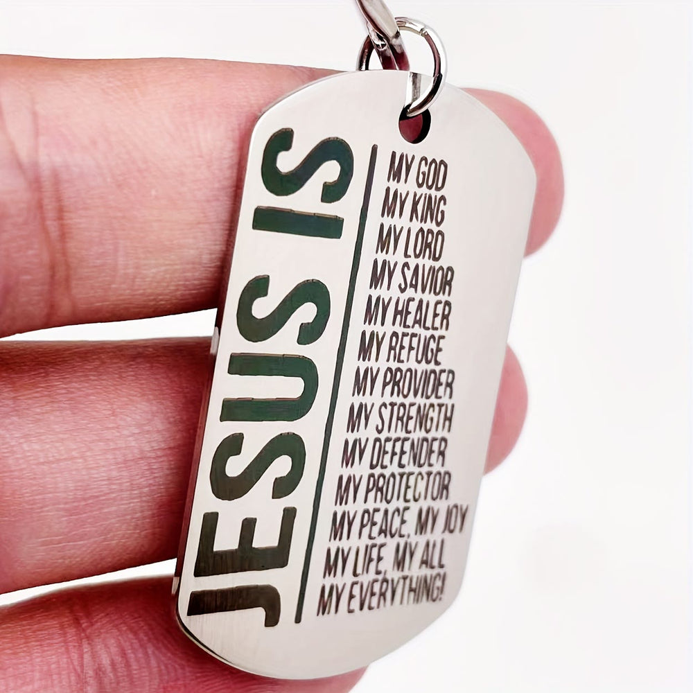 Christianartworkshop Porte-clés en forme de plaque d'identité avec l'inscription « JÉSUS EST » et la liste de ses rôles : incarnez sa bienveillance infinie. - image 1