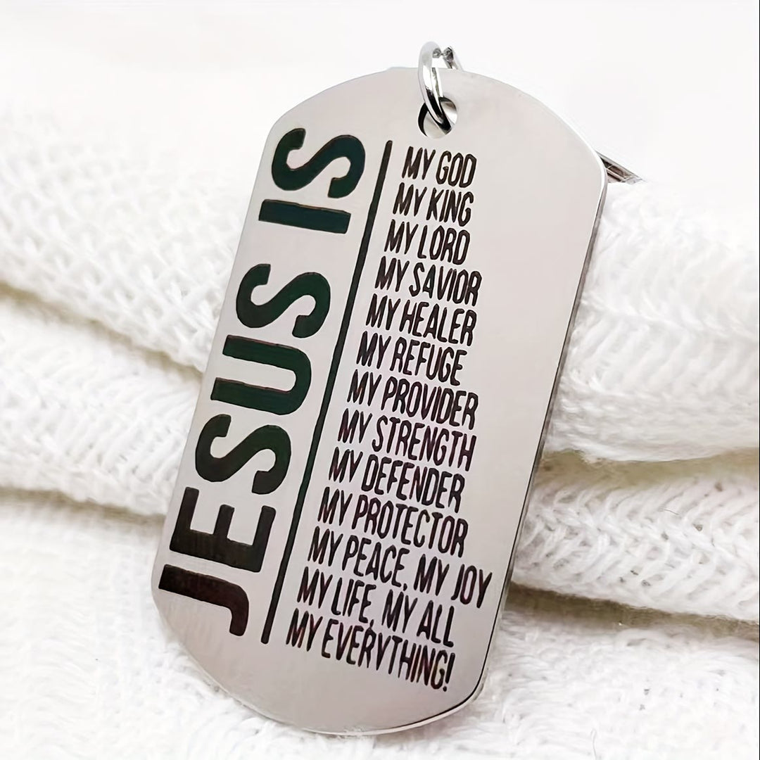 Christianartworkshop Porte-clés en forme de plaque d'identité avec l'inscription « JÉSUS EST » et la liste de ses rôles : incarnez sa bienveillance infinie. - Jésus - image 0