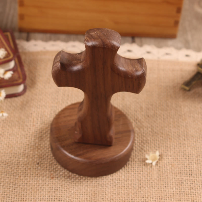 Christianartworkshop Croix décorative de bureau en bois avec base ronde/florale : incarnez sa paix intérieure au travail - Croix B et base ronde - Sombre - image 9