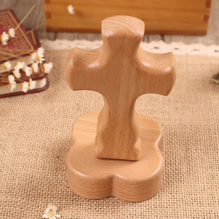 Christianartworkshop Croix décorative de bureau en bois avec base ronde/florale : incarnez sa paix intérieure au travail - Croix B et base florale - Lumière - image 4