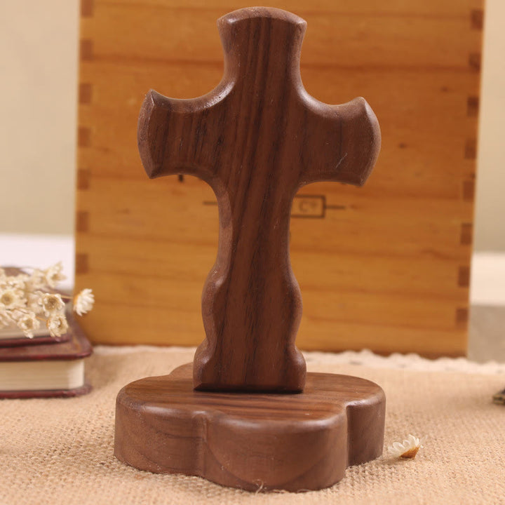 Christianartworkshop Croix décorative de bureau en bois avec base ronde/florale : incarnez sa paix intérieure au travail - Croix B et base florale - Sombre - image 8