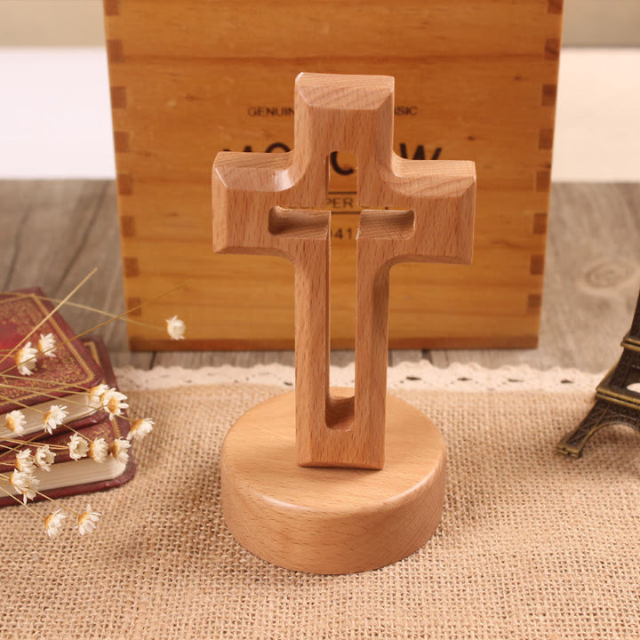 Christianartworkshop Croix décorative de bureau en bois avec base ronde/florale : incarnez sa paix intérieure au travail - Croix A et base ronde - Lumière - image 0