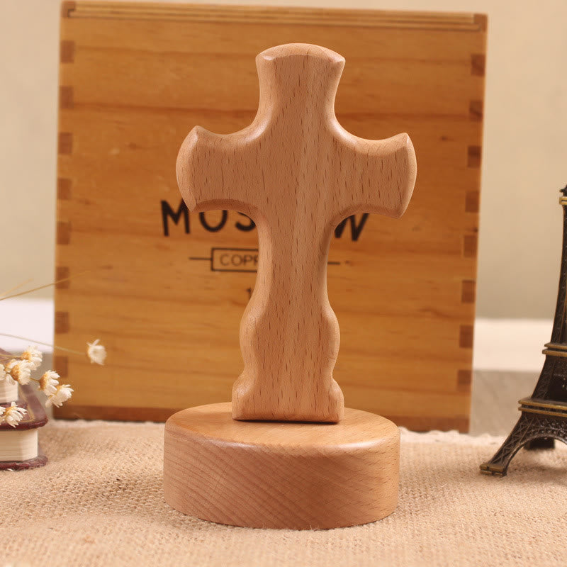 Christianartworkshop Croix décorative de bureau en bois avec base ronde/florale : incarnez sa paix intérieure au travail - Croix B et base ronde - Lumière - image 3
