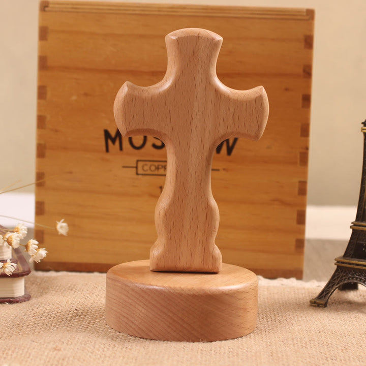 Christianartworkshop Croix décorative de bureau en bois avec base ronde/florale : incarnez sa paix intérieure au travail - Croix B et base ronde - Lumière - image 3