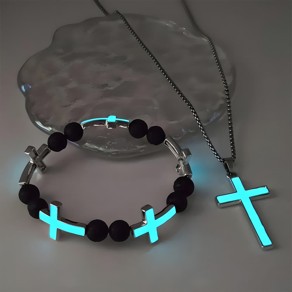Christianartworkshop Ensemble collier croix lumineuse et bracelet perlé : un souvenir de sa douce lumière - Ensemble de 2 bleu cyan - image 3