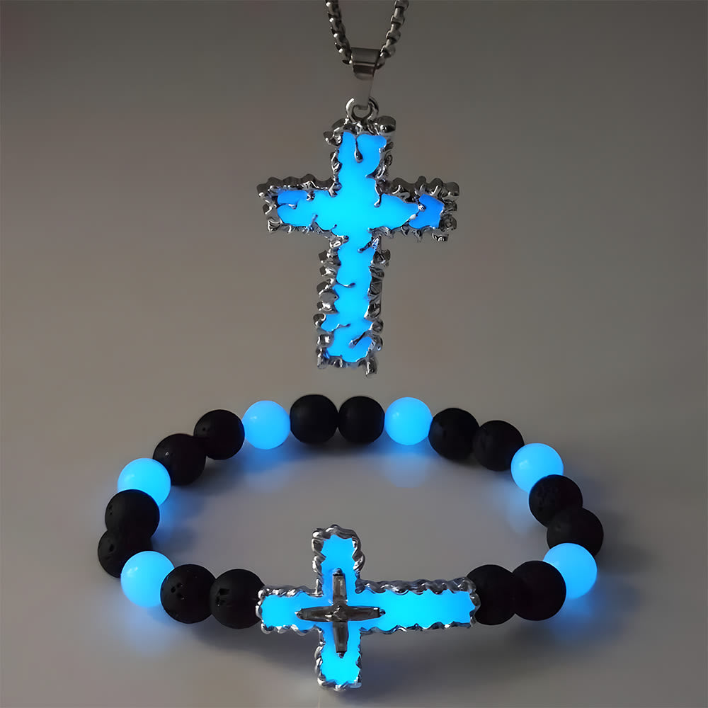 Christianartworkshop Ensemble collier croix lumineuse 3 couleurs et bracelet perlé : un souvenir de sa douce lumière - Ensemble vert de 2 - image 4