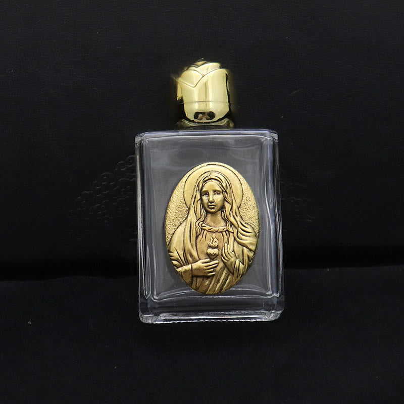 Christianartworkshop Bouteille d'eau bénite ornée d'une icône sacrée en relief : Portez sa protection dans vos moments spirituels - Bouteille carrée - Sacré-Cœur de Notre-Dame - Doré - image 2
