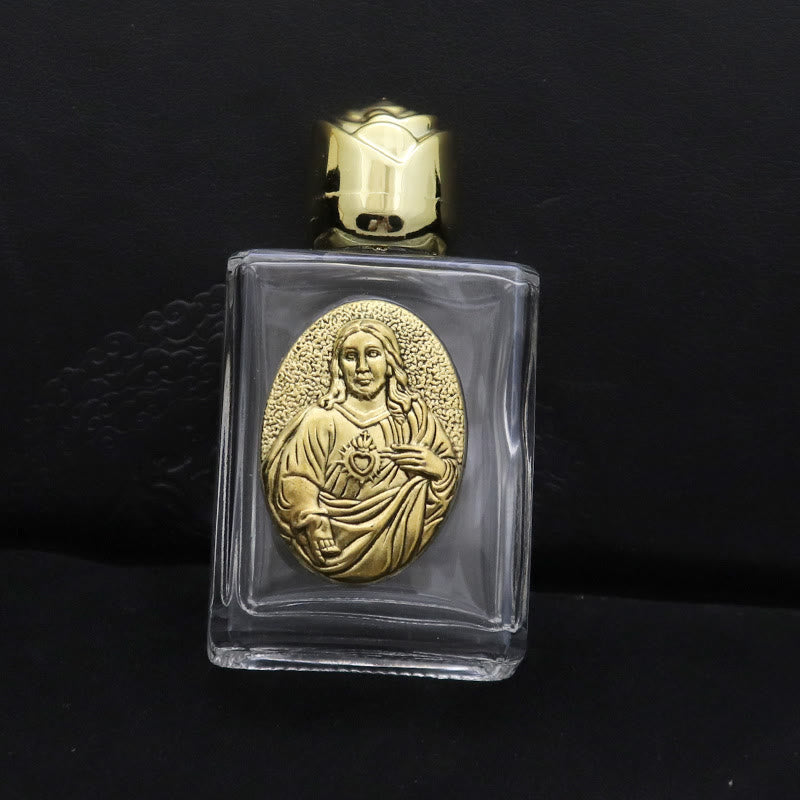 Christianartworkshop Bouteille d'eau bénite ornée d'une icône sacrée en relief : Portez sa protection dans vos moments spirituels - Bouteille carrée - Sacré-Cœur de Jésus - Doré - image 4