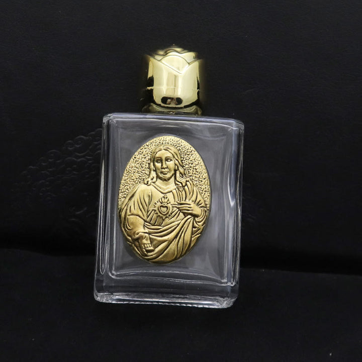 Christianartworkshop Bouteille d'eau bénite ornée d'une icône sacrée en relief : Portez sa protection dans vos moments spirituels - Bouteille carrée - Sacré-Cœur de Jésus - Doré - image 4