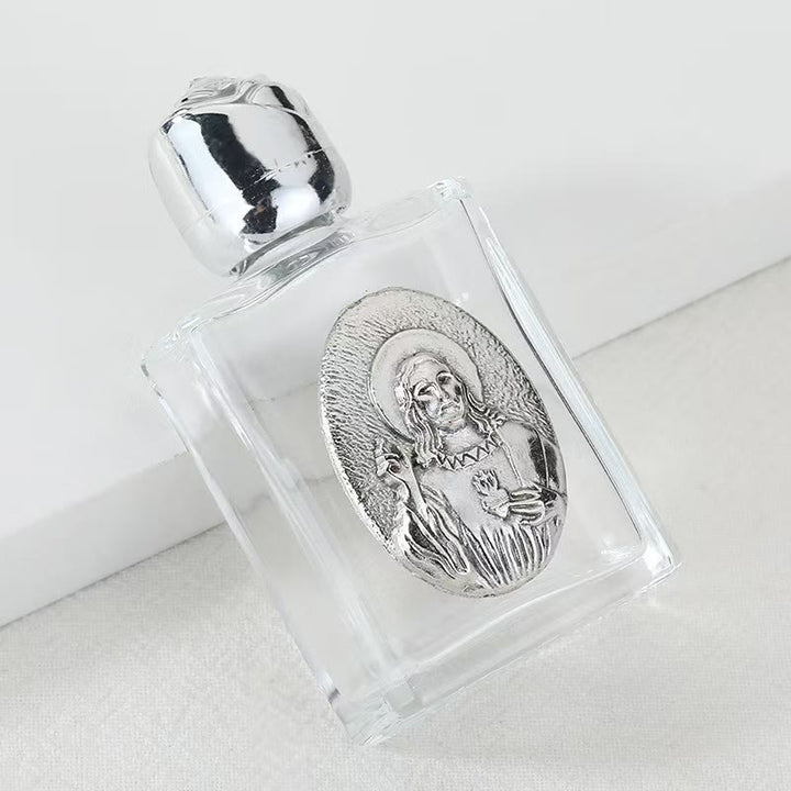 Christianartworkshop Bouteille d'eau bénite ornée d'une icône sacrée en relief : Portez sa protection dans vos moments spirituels - Bouteille carrée - Cœur Sacré de Jésus - Argent - image 13