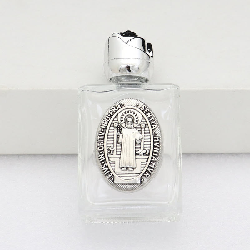 Christianartworkshop Bouteille d'eau bénite ornée d'une icône sacrée en relief : Portez sa protection dans vos moments spirituels - Bouteille carrée - Saint Benoît - Argent - image 22