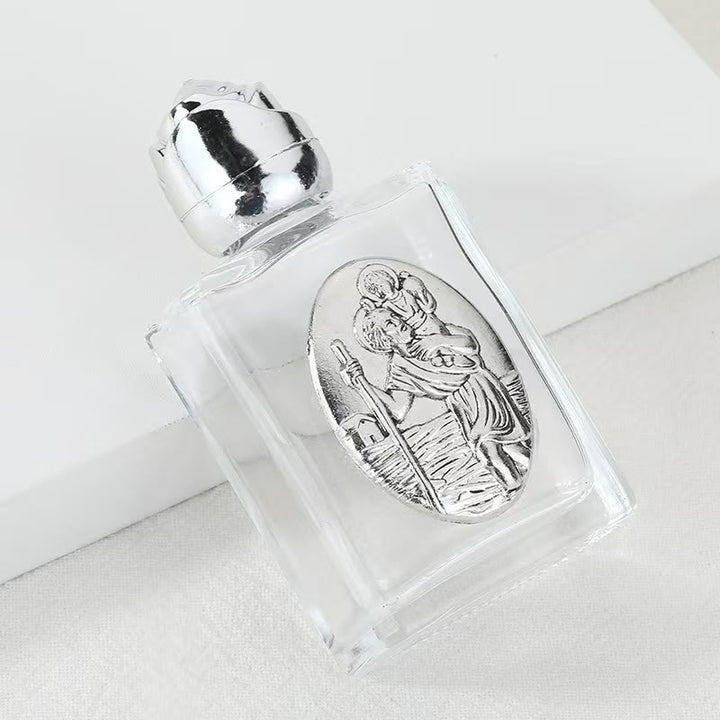 Christianartworkshop Bouteille d'eau bénite ornée d'une icône sacrée en relief : Portez sa protection dans vos moments spirituels - Bouteille carrée - Saint Christophe - Argent - image 18