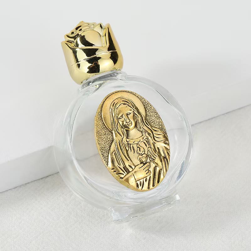 Christianartworkshop Bouteille d'eau bénite ornée d'une icône sacrée en relief : Portez sa protection dans vos moments spirituels - Bouteille ronde - Sacré-Cœur de Notre-Dame - Doré - image 26