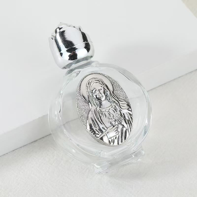 Christianartworkshop Bouteille d'eau bénite ornée d'une icône sacrée en relief : Portez sa protection dans vos moments spirituels - Bouteille ronde - Sacré-Cœur de Notre-Dame - Argent - image 36