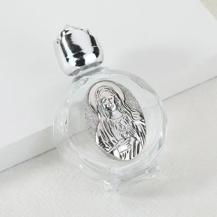 Christianartworkshop Bouteille d'eau bénite ornée d'une icône sacrée en relief : Portez sa protection dans vos moments spirituels - Bouteille ronde - Sacré-Cœur de Notre-Dame - Argent - image 36
