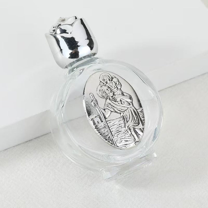 Christianartworkshop Bouteille d'eau bénite ornée d'une icône sacrée en relief : Portez sa protection dans vos moments spirituels - Bouteille ronde - Saint Christophe - Argent - image 42
