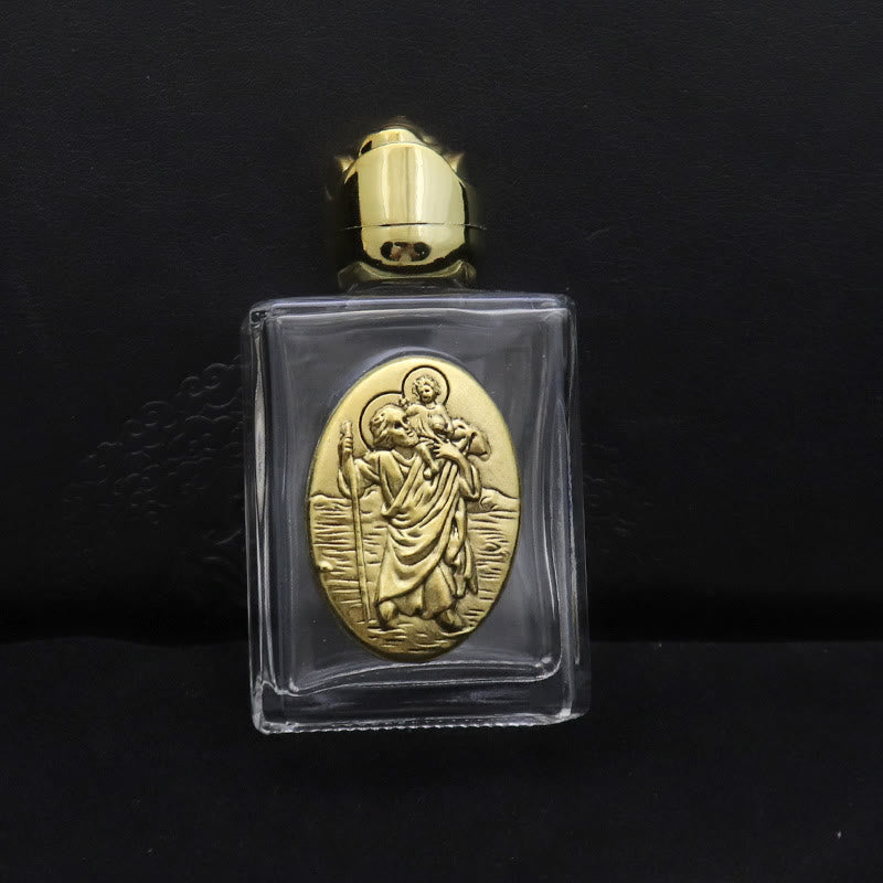 Christianartworkshop Bouteille d'eau bénite ornée d'une icône sacrée en relief : Portez sa protection dans vos moments spirituels - Bouteille carrée - Saint Christophe - Doré - image 51