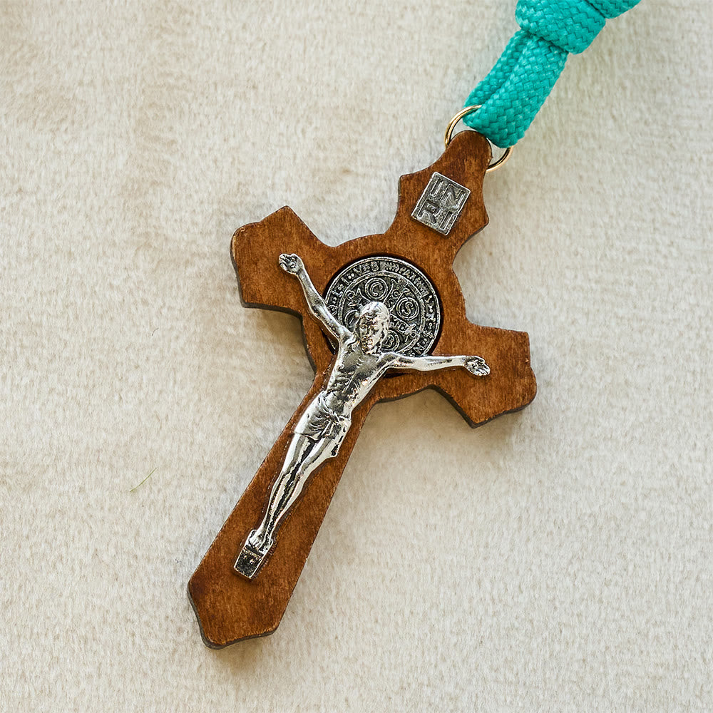 Christianartworkshop Chapelet de poche en paracorde turquoise éclatante et perles cramoisies, avec Notre-Dame et crucifix. - image 5
