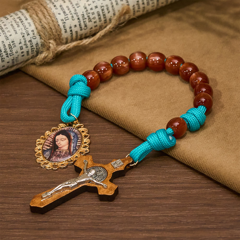 Christianartworkshop Chapelet de poche en paracorde turquoise éclatante et perles cramoisies, avec Notre-Dame et crucifix. - image 3